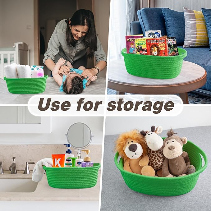 Pro Goleem Small Woven Basket with Gift Bags and Ribbons Durable Baskets for Gifts Empty Small Rope Basket for Storage 12"X 8" X 5" Baby Toy Basket with Handles, Grass Green