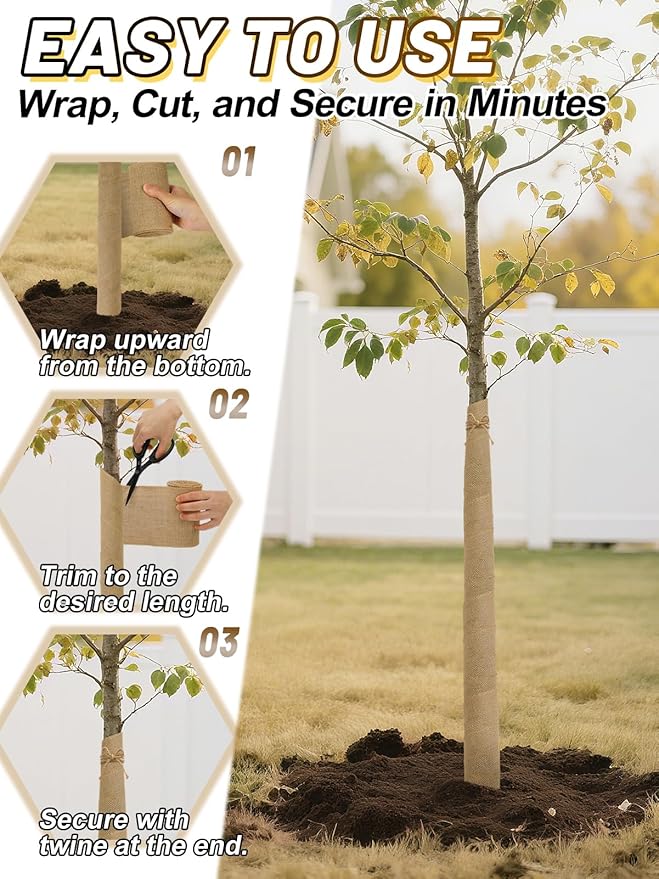 ANPHSIN Natural Jute Burlap Tree Wraps for Winter Protection - 4.7in × 16.4ft Burlap Rolls, Tree Trunk Guard Wrap, Plants Antifreeze Bandage to Protect Bark & Keep Plants Warm, 2 Rolls