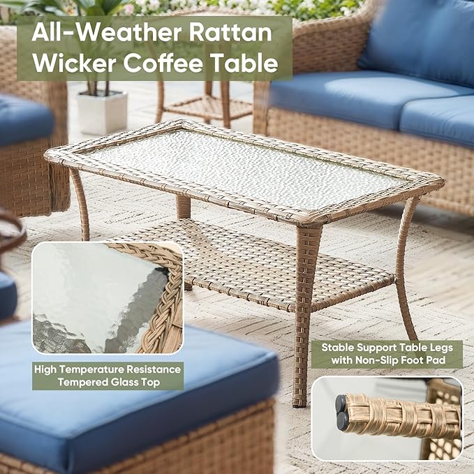 Wicker Outdoor Conversation Set-6 Pieces Outdoor Wicker High Back Couch with Swivel Rocker Chairs Patio Furniture for Deck Poolside Backyard-Yellow/Blue