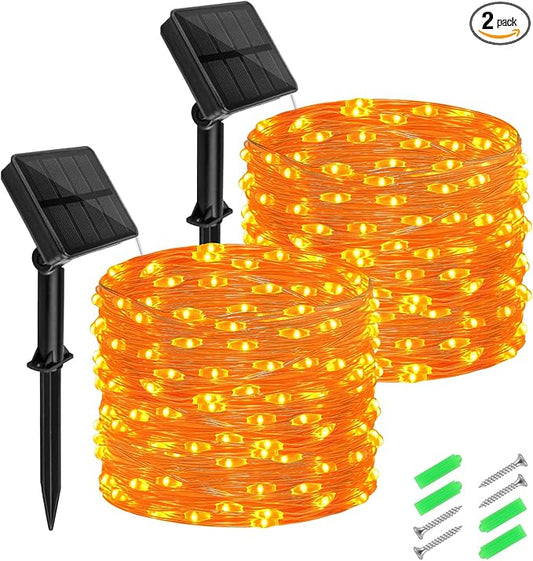 Halloween String Lights Outdoor Waterproof, Solar Fairy Lights 16.4ft 50LED 8 Modes Orange Halloween Lights for Yard Outside Pathway Patio Party Backyard Decorations