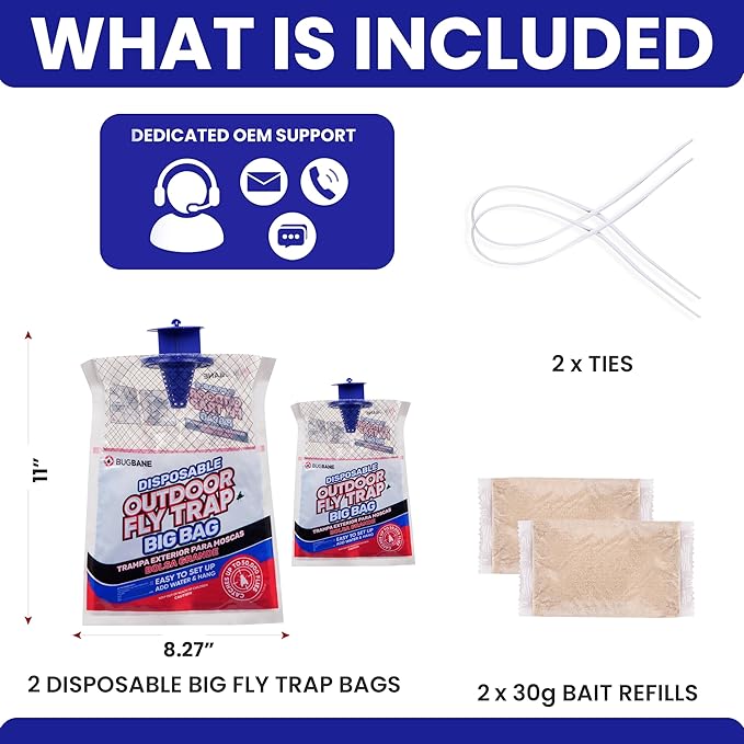 Fly Traps Outdoor Fly Trap for Patio. 2 Large Non-Toxic Pre-Baited Flies Bags Outdoor Disposable. Big Hanging Bug Catchers for All Filth Flies Killer for Outside Bug Control in Yard Horse Ranch
