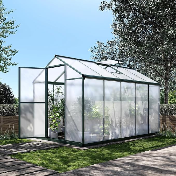 10x6.25FT Greenhouse,Easy Assembly Aluminum Polycarbonate Walk-in Greenhouse with Roof Vent, Large Outdoor Garden Green House,Patio,Backyard,Green