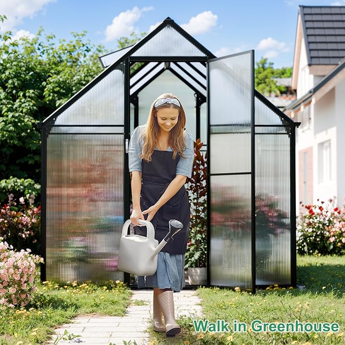 Polycarbonate Greenhouse Kit,8x6x6 FT Outsides Heavy Duty Green House with Transparent Panels Windows Door for Backyard Garden, Outside Walk in Plant Greenhouses,Black Thick Frame