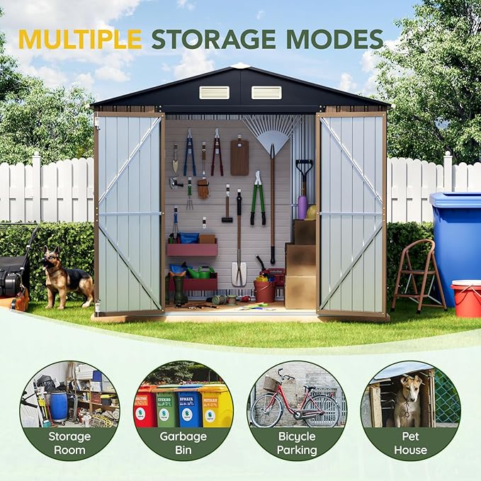 Breezz 6X8FT Outdoor Steel Storage Shed with Clear Window, Lockable Doors, Weather-Resistant Metal Tool Shed for Garden, Backyard, Patio, and Utility Storage.Brown
