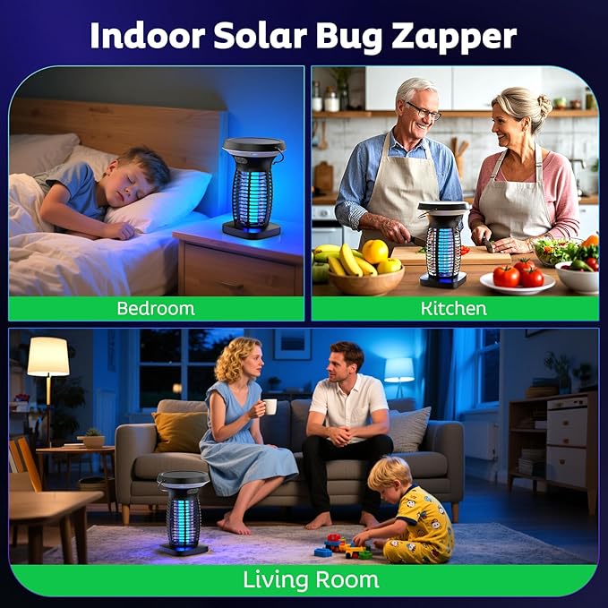 Solar Bug Zapper Outdoor, Mosquito Zapper Outdoor Waterproof Electric Fly Zapper Rechargeable Mosquito Killer with Solar Panel, 4200V Fly Trap Indoor for Home Backyard, Patio, Garden, Camping