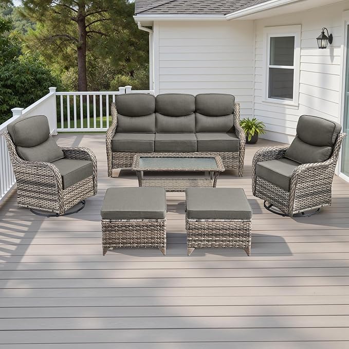 Wicker Outdoor Patio Furniture Set - 6 Piece Patio Conversation Sets with Swivel Rocker Chairs, Ottomans, Sofa and Table, 6 inch Cushions, Deep Seating, for Porch Deck Mixed Grey/Grey