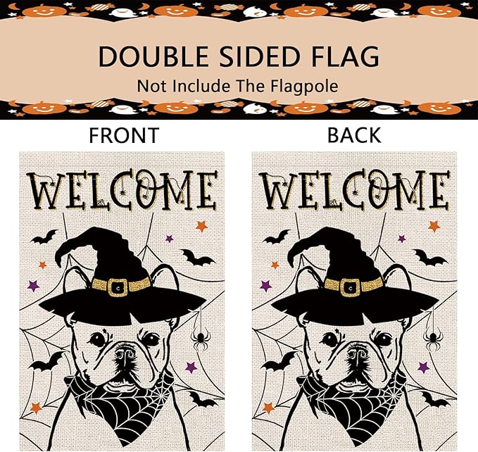 Halloween Garden Flag French Bulldog Cobweb Bats Double Sided Vertical Welcome Flag Holiday Outdoor Yard Lawn Decorations 12.5 x 18 Inch