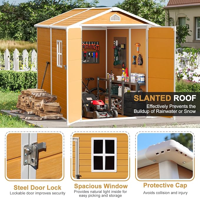 Plastic Sheds 8x6 Resin Outdoor Storage with Floor Included, Waterproof Lockable Garden Shed Tool Cabinet Brown