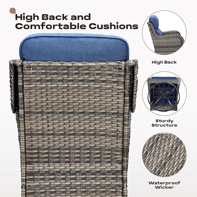 Wicker Outdoor Patio Furniture Set - 8 Piece Patio Conversation Sets with Swivel Rocker Chairs, Ottomans, Sofa and Table, 6 inch Cushions, Deep Seating, for Porch Deck Mixed Grey/Blue