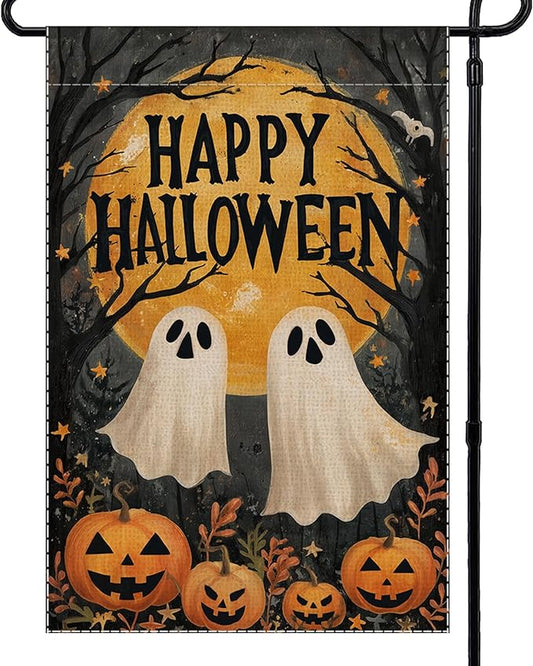 Happy Halloween Garden Flag Ghost Welcome Small Flags for Outside, 12x18 Inch Moon Jack O Lantern Pumpkin Double Sided Burlap Holiday Fall Banner Yard Outdoor Decoration
