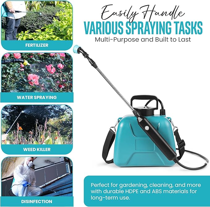 Automatic Battery Powered Sprayer – 1.35 Gal Cordless Electric Sprayer with Zero Pump, Electric Water Sprayer with 3 Nozzles, USB Rechargeable Handle, & Adjustable Shoulder Strap