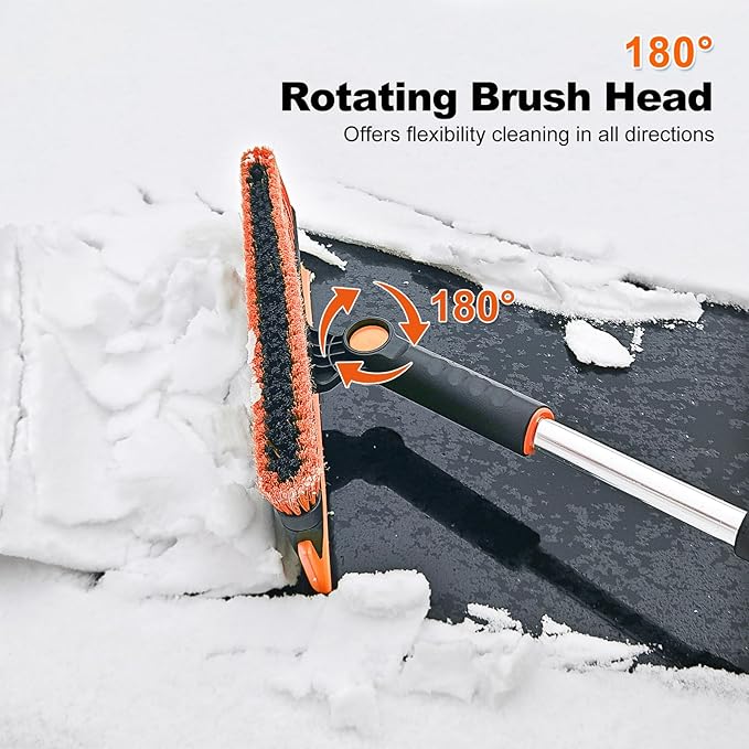 SEAAES 56 Inch Truck Snow Brush Scraper Long Handle, Heavy Duty Extendable Snow Broom for SUV, Windshield Ice Scraper with Foam Grip for Car Automobile Vehicle Window - Orange