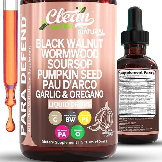 para Defend Wormwood Black Walnut Cleanse for Humans Drops Liquid Soursop Garlic Pumpkin Seed PAU D'Arco Oil of Oregano Turmeric Berberine Neem Extract Hull Bark Tincture by Clean Nutra