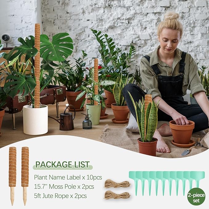 Joyhalo 26.4 Inch Moss Pole Monstera Plant Support, 2 Pcs 15.7 Inch Moss Pole for Plants Monstera, Plant Stakes for Indoor Plants with Jute Rope and Name Label