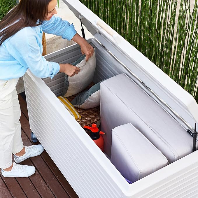 175 Gallon Outdoor Storage Box Waterproof with Wheels, Metal Deck Box for Patio Furniture, Garden Tools, Outdoor Cushion, Latte