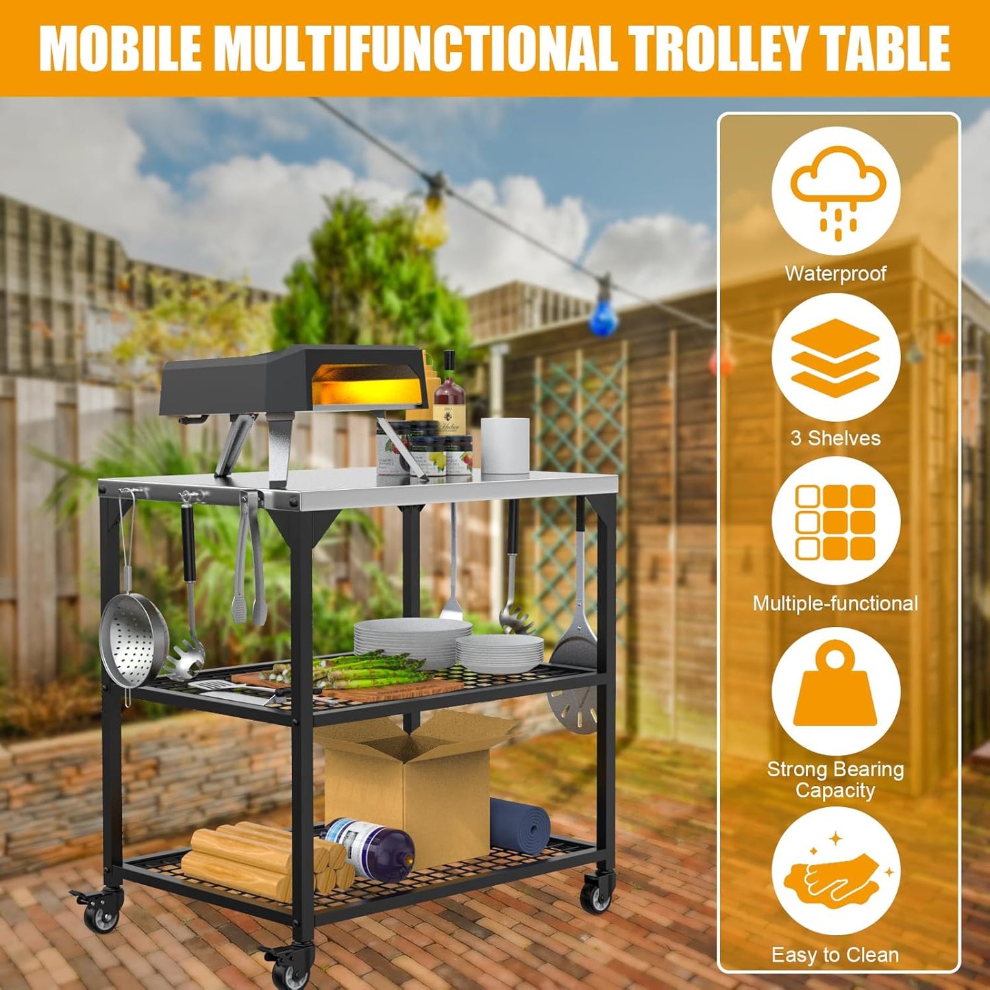 Outdoor Grill Cart,Pizza Oven Table with 4 Wheels,Three-Shelf Movable Dining Cart Table,BBQ Food Prep Work Table,Stainless Steel Flattop Grill Stand for Kitchen Backyard, with Waterproof Cover