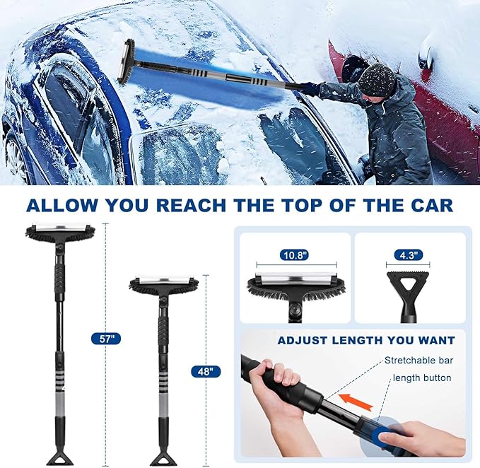 57" Long Snow Brush Ice Scraper | Extendable | Multipurpose | Easy to Use | Antifreeze Gloves | 270° Pivoting | Snow Ice Removal | Fit for Car SUV MPV Truck Van Windshield Window Roof Gift