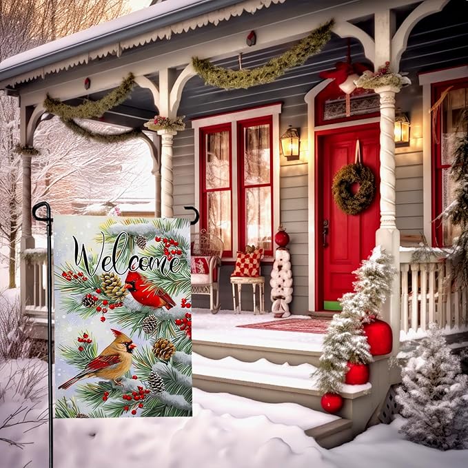 Welcome Winter Garden Flag Christma Cardinal Birds Yard Flag Red Bird Berry Trees Pine Snow Vertical House Banner Pinecone Garden Flags for Xmas Rustic Farmhouse 12x18 Inch