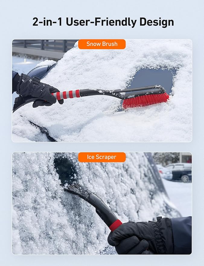 AstroAI 2 Pack 27" Snow Brush and Ice Scrapers for Car Windshield, Detachable Snow Scrapers with Ergonomic Foam Grip for Cars, Trucks, SUVs (Heavy Duty ABS, PVC Brush, Red)