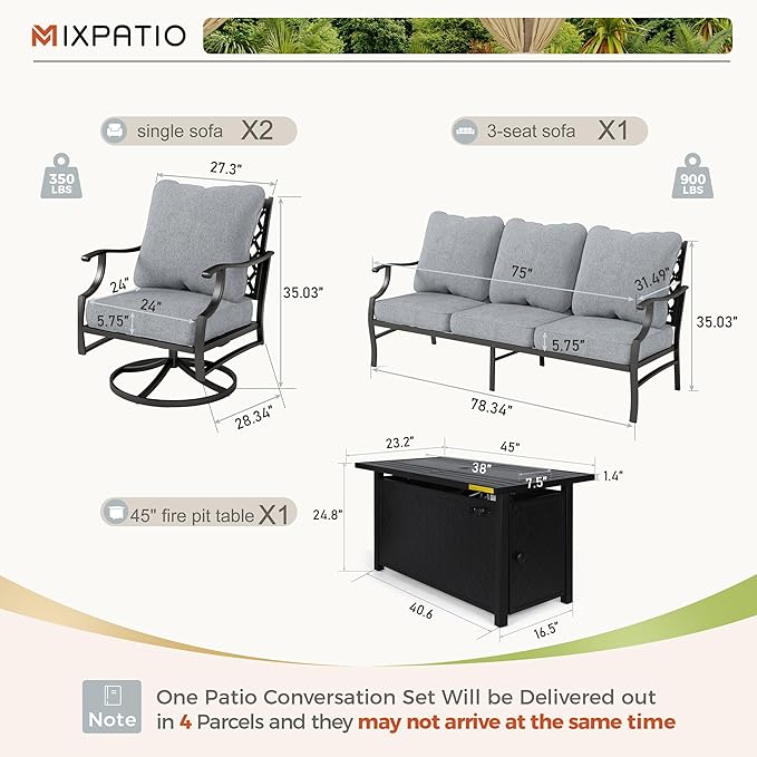 Patio Furniture Set with Firepit Table, 4 Pcs Metal Outdoor Conversation Set, 2 Swivel Chairs and 3 Seater Sofa with 5.75" Extra Thick Cushion and Gas Fire Pit Table for Backyard Deck, Grey