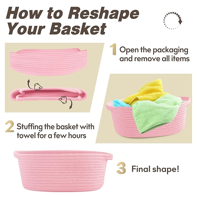 Pro Goleem Small Woven Basket with Gift Bags and Ribbons Durable Baskets for Gifts Empty Small Rope Basket for Storage 12"X 8" X 5" Baby Toy Basket with Handles, Pink