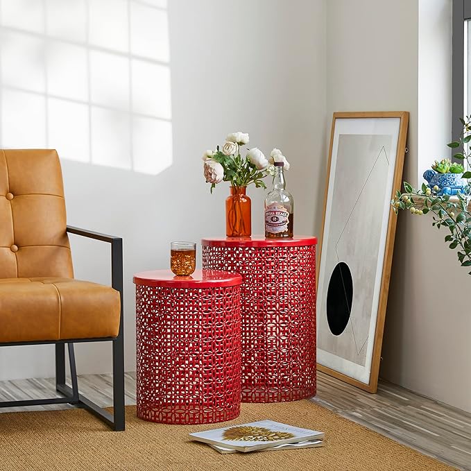 Glitzhome Outdoor Side Table Set of 2, Decorative Garden Stool for Indoor Outdoor Heavy Duty Metal Frame Accent Table Modern End Table, Glossy Red