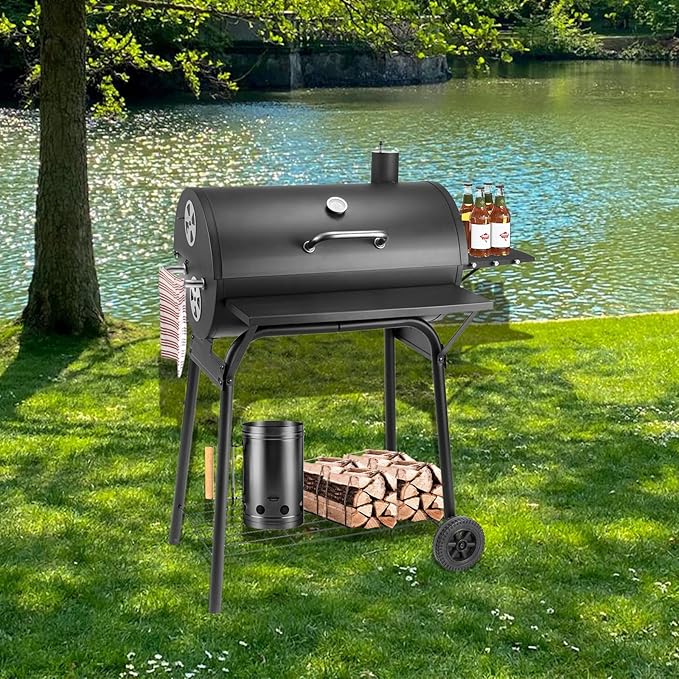Barrel Charcoal Grill, Large Charcoal Grills with Front and Side Shelf, 627 Square Inches Cooking Grid, Outdoor BBQ Grill, Perfect for Backyard Camping, Patio Parties, and Picnics