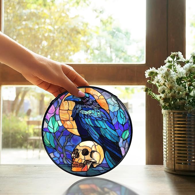 TNUW Black Raven Halloween Stained Glass Window Hanging, Gothic Skull Black Crow Sun Catchers Indoor Window Glass Round Wall Art Decor, Halloween Wall Hanging Decorations, 7.9＂x7.9＂