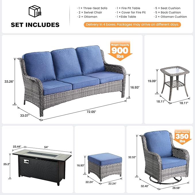 ovios 7 Pieces Patio Furniture Set, Outdoor Wicker Sofa Couch with Swivel Chairs 54" Fire Pit Table, All Weather High Back Modern Conversation Sets, Grey Rattan, Denim Blue