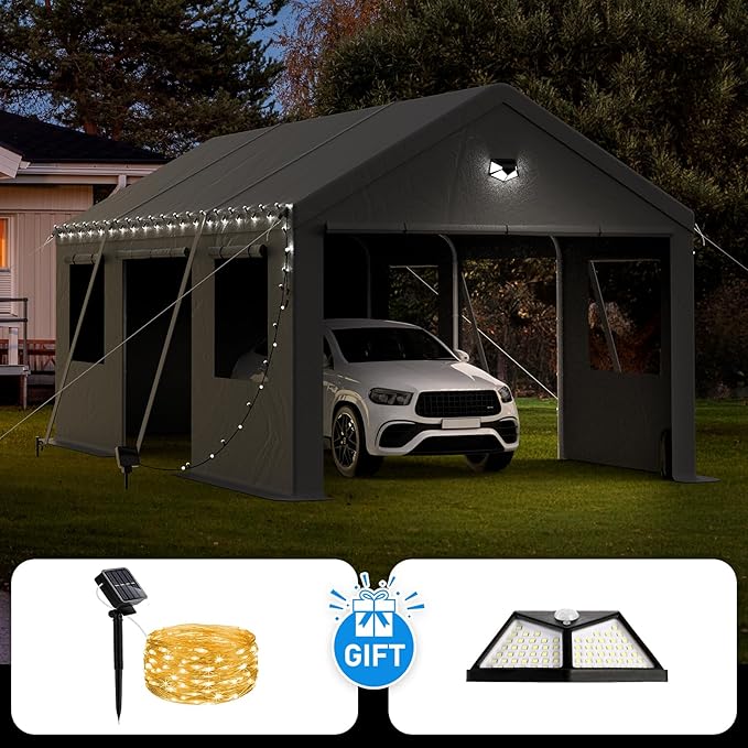 12x20 Carport Canopy, Heavy Duty Car Ports with Sidewalls, Portable Garage Carports with Roll Up Zipper End & Side Doors, Grey