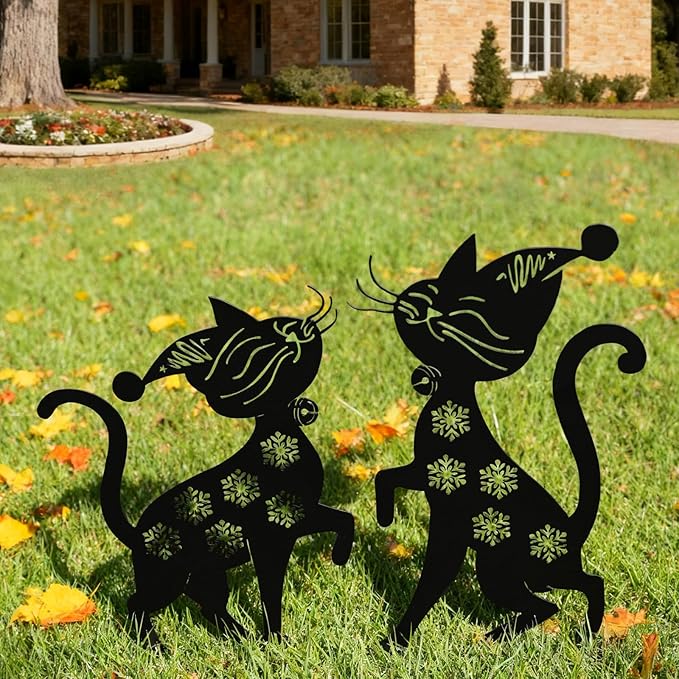 Metal Playing Cat Garden Decor for Outside (2 Pack), 14" Yard Art Stakes,Unique Gift for Kitty Lovers, Outdoor Lawn Statues and Weather Resistant Yard Art