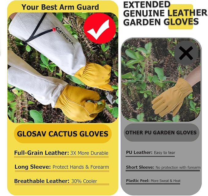 Gardening Gloves Thorn Proof for Rose Pruning & Cactus Trimming, Long Leather Garden Gloves for Women & Men (XL)