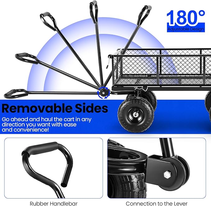 TEANDE Garden Cart, Heavy Duty 880Lbs Capacity Mesh Steel Garden Cart with Removable Sides to Convert into Flatbed, Utility Metal Wagon with 180° Rotating Handle and 10 in Tires, Black