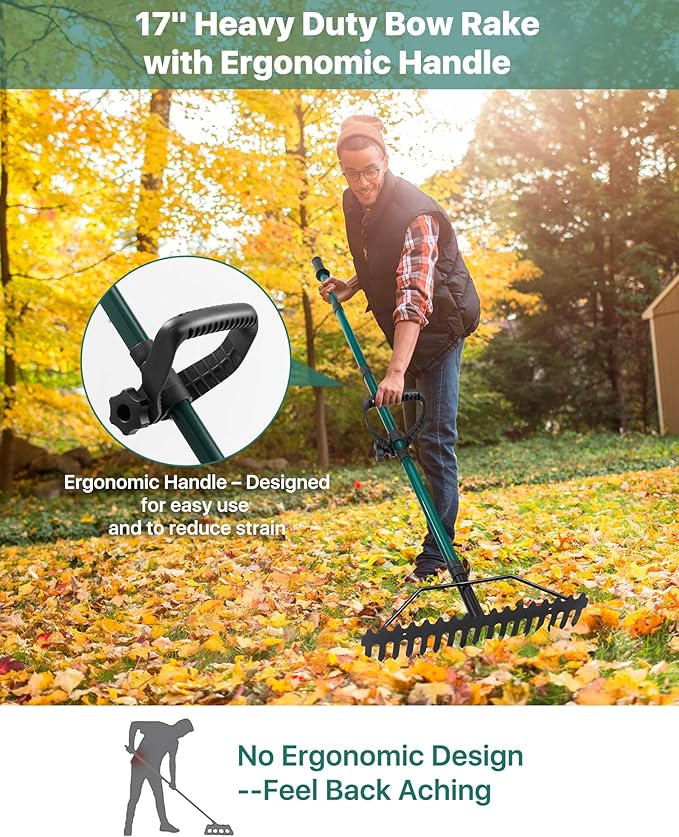 Garden Rake, 17'' Thatch Rake Heavy Duty with 63'' Long Back-Saving Adjustable Handle, Heavy Duty Metal Garden Tool for Loosening Leveling Soil, Gathering Leaves Grass, Weeding