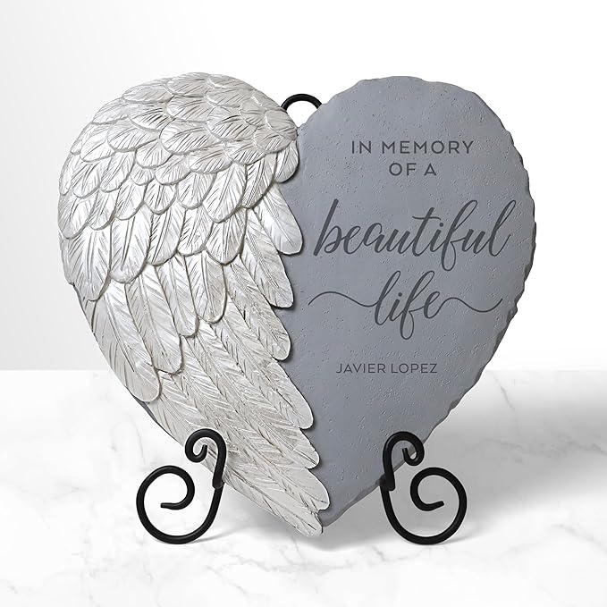 Let's Make Memories Personalized Memorial Garden Stone - Sympathy - Loss of Loved One - Condolences - Indoor/Outdoor - Durable Resin - 3D Iridescent Wing - Beautiful Life