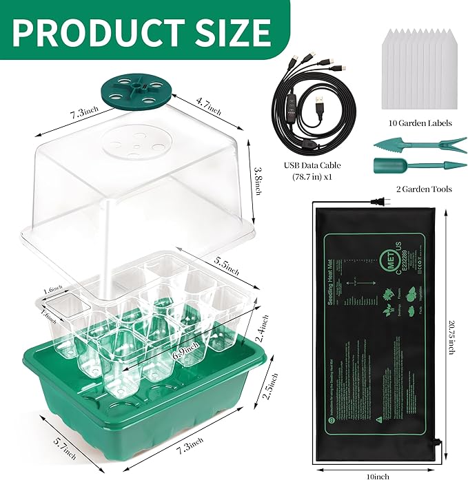 4-Pack Seed Starter Tray with Grow Light and Heat Mat, 48 Cells Seed Starter Kit with Adjustable Humidity Dome and Base, Germination Kit for Seed Growing Plant Propagation