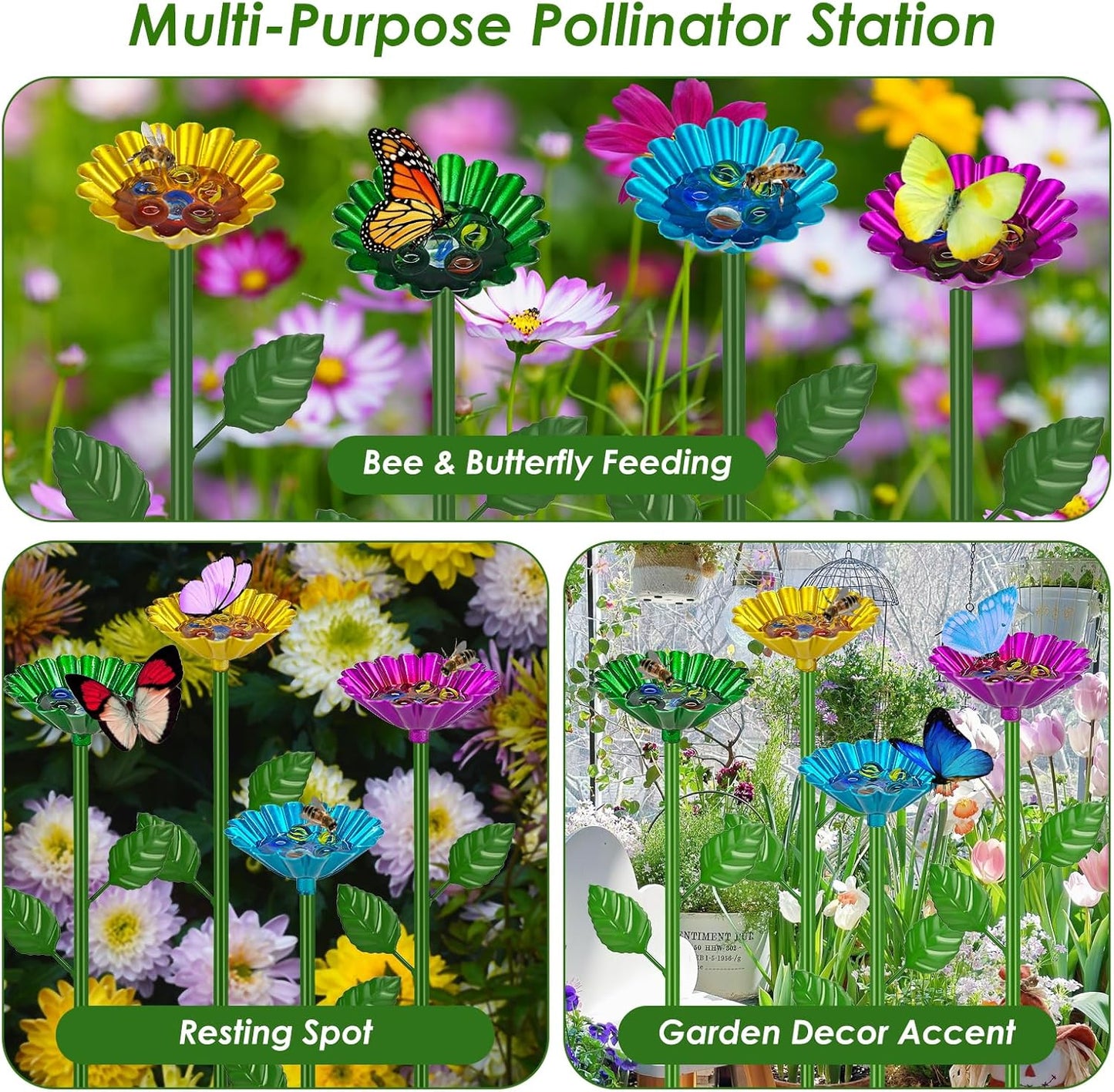 4 Pcs Metal Bee Watering Station for Garden - Height-Adjustable Bee & Butterfly Feeder with 20 Glass Marbles, Colorful Flower Design Bee Bath Bowl for Outdoor Yard Decor