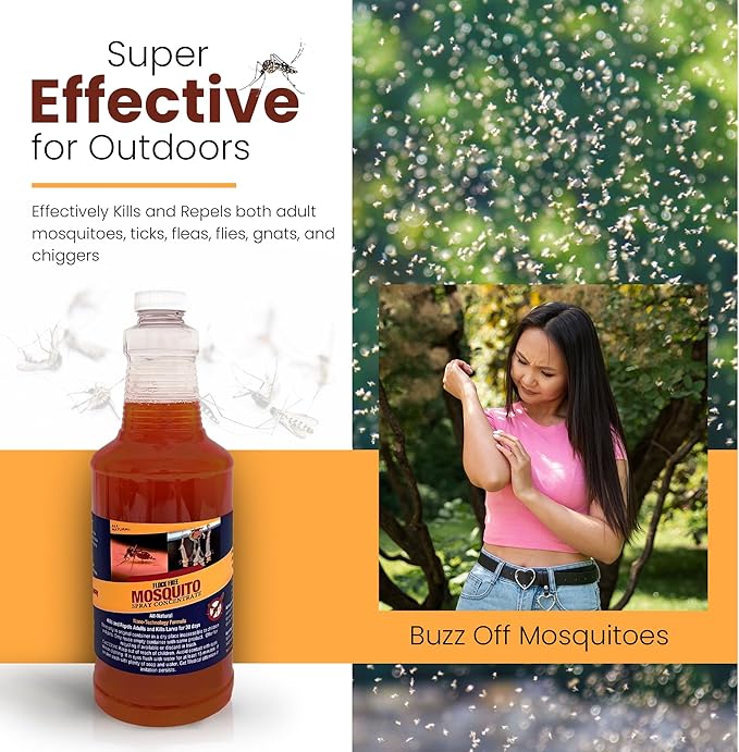 Natural Mosquito Control Spray Concentrate, Repels Mosquitoes, Ticks, Fleas, Flies, Gnats, and Chiggers Away. Makes up to 32 Gallons! (32 oz Concentrate)