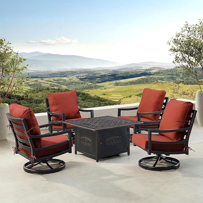 Oakland Living Black Aluminum Patio Fire Table Set with Four Club Chairs with Red Cushions