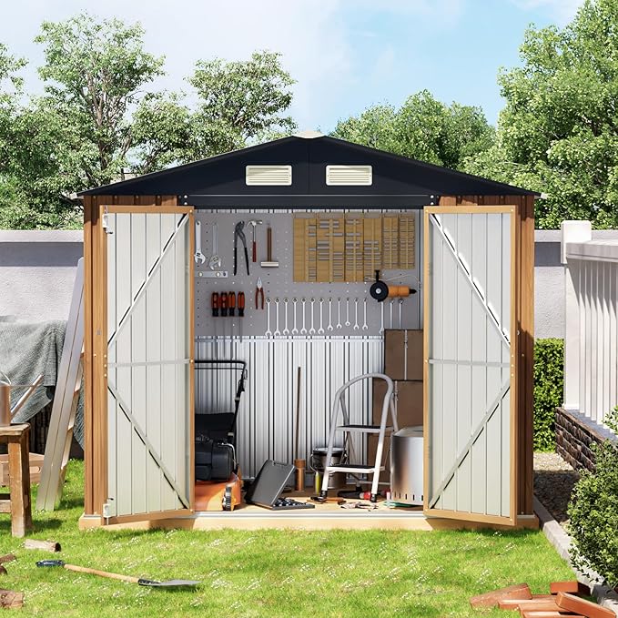 8X6FT Garden Storage Shed with Frame Floor & Lockable Doors,Steel Tool Shed with 1 Clear Window, Anti-Corrosion Metal Shed for Backyard Patio Lawn (Wood Panels Not Included)