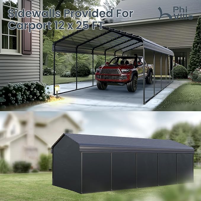 PHI VILLA 12 x 25 ft Heavy Duty Car Port with Galvanized Steel Roof with Sidewalls, Sturdy Metal Carport Kits for Cars, Boats, and Tractors