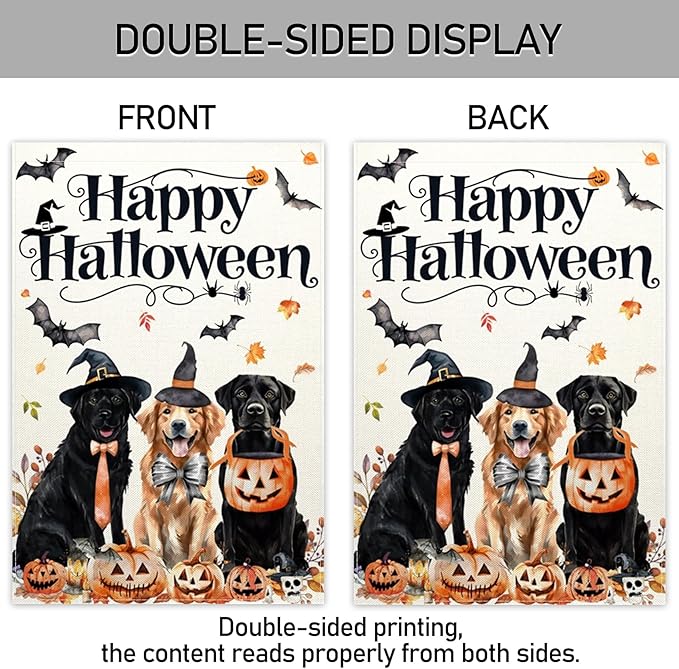 ChloropLastid Happy Halloween Dogs Garden Flag Double Sided for Outside 12x18 Inch Pumpkin Holiday Yard Decorations Burlap Outdoor Garden Flags