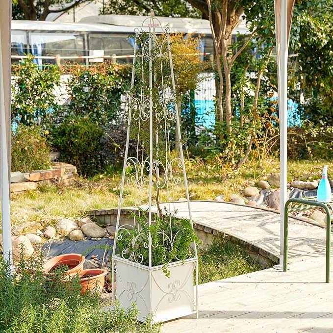 Sungmor Garden Obelisk Trellis with Planter Box - 5ft Metal Climbing Plant Support Tower with Bird Finial - Decorative Outdoor Wrought Iron Trellis for Roses, Clematis, Vines, Ivy - Distressed White