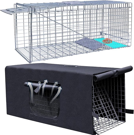 Live Animal Trap Cage with Cover, Cat Trap for Stray Cats 32 Inch Heavy Duty Folding Skunk Traps with Real Door for Raccoons, Opossums, Groundhogs, Skunks, Feral Cats, Squirrels-(32 x 10 x 12 inches)