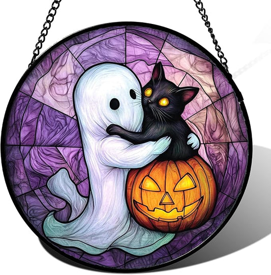Stained Glass Window Hanging - Halloween Decorations Ghost Black Cat Pumpkin Suncatcher for Door Garden Spooky Purple Sun Catchers Gothic Decor Horror Gifts for Women Men Friend Boy 9.8 in
