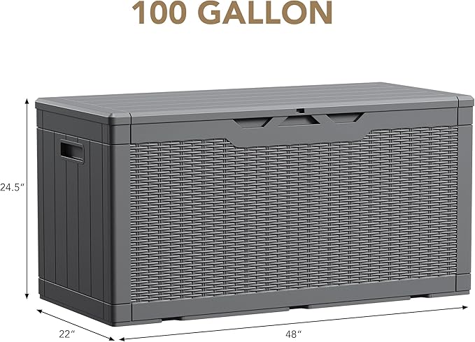 Devoko 100 Gallon Waterproof Large Resin Deck Box Indoor Outdoor Lockable Storage Container for Patio Furniture Cushions Garden Tools (100 Gallon, Grey)