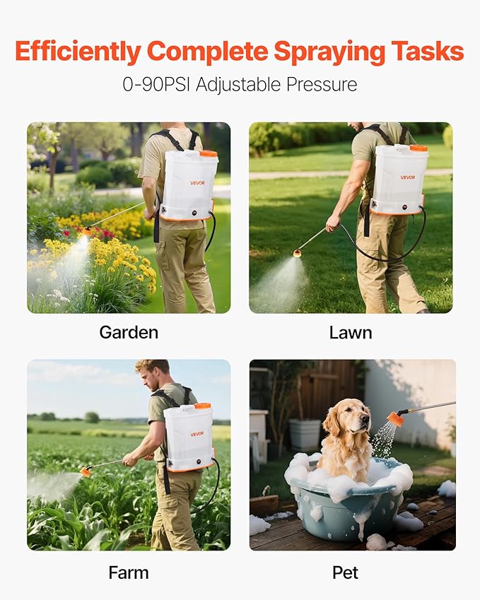 VEVOR Battery Powered Backpack Sprayer, 3.2 Gal Powerful Electric Backpack Sprayer, 2 Retractable Wands & 5 Nozzles, Adjustable 0-90 PSI, 2 Hour Runtime, Portable Weed Sprayers for Yard Garden Lawn