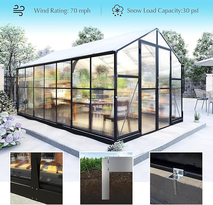 AMERLIFE 8x14x7FT Polycarbonate Greenhouse, Walk in Greenhouse with Quick-Connect System, Green House with 4 Vent Windows and Swing Door, Greenhouses for Outdoors, Glossy Black