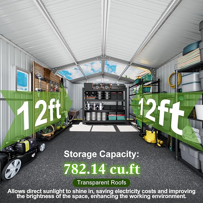12x10 FT Metal Sheds & Outdoor Storage: Heavy Duty Garden Sheds with Dual Transparent Panels, DIY-installable Windows & Lockable Doors, Weatherproof Tool Shed for Backyard, Garden, Patio, Grey