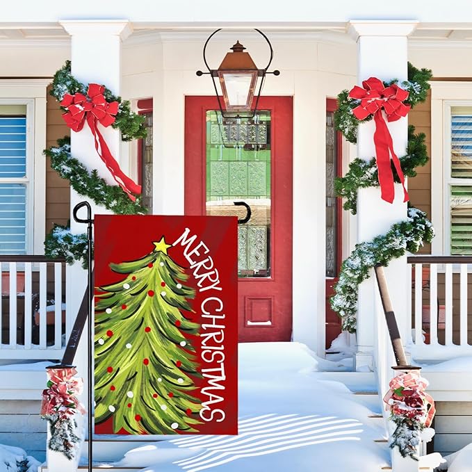 Merry Christma Garden Flag Xmas Tree Yard Flag Winter Red Green Trees Double Sided Vertical House Banner for Rustic Farmhouse Seasonal Outdoor Decoration 12x18 Inch